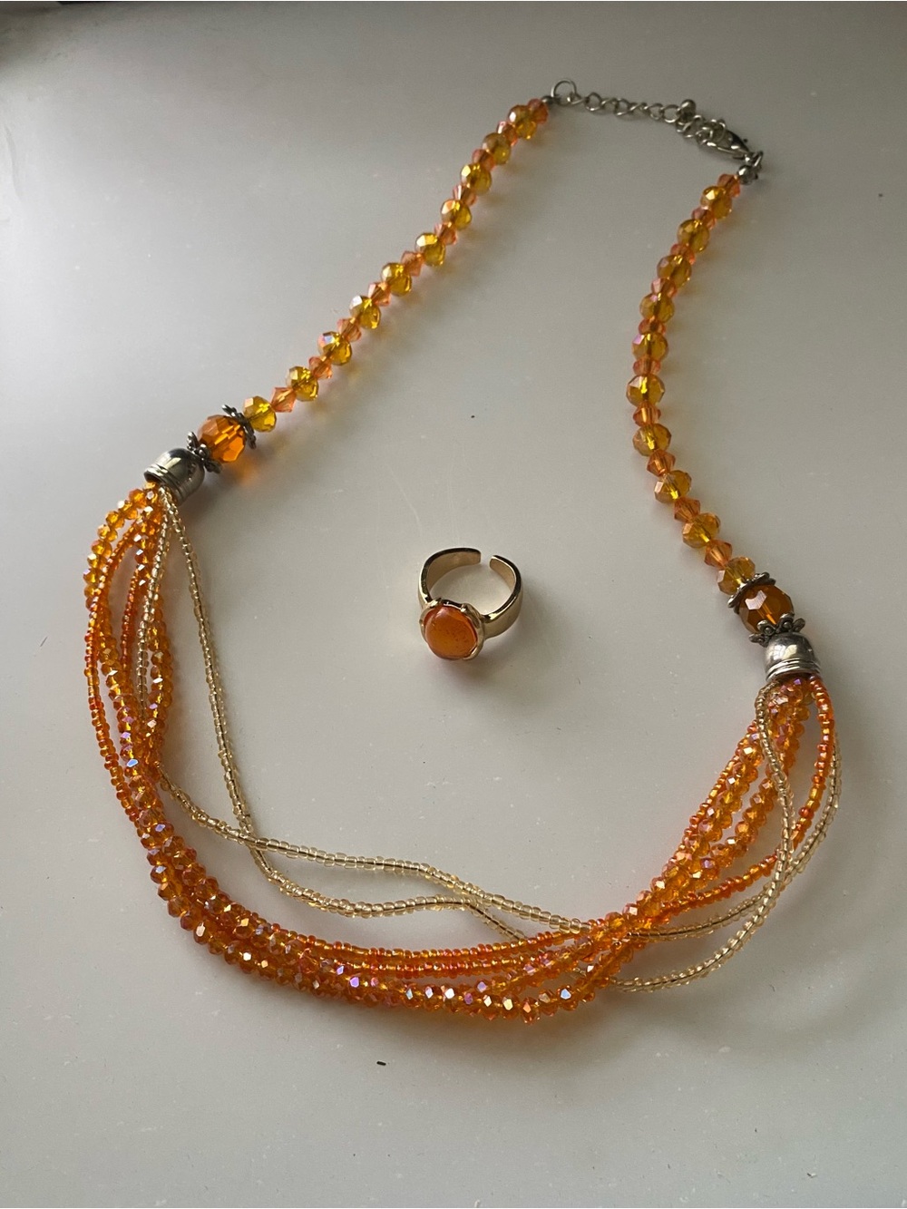 Vintage Classy Orange Beaded Multi-Strand Necklace and Ring Set